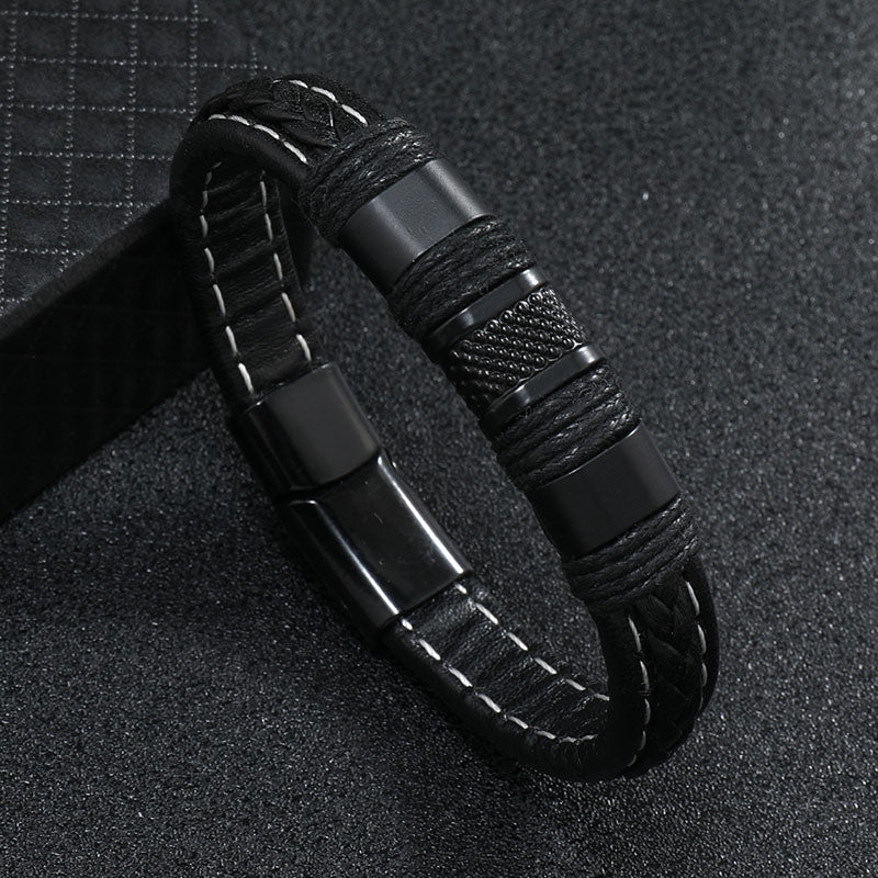 Pulsera Negra JOY-5 Hombre Cuero y Acero | JOY-5