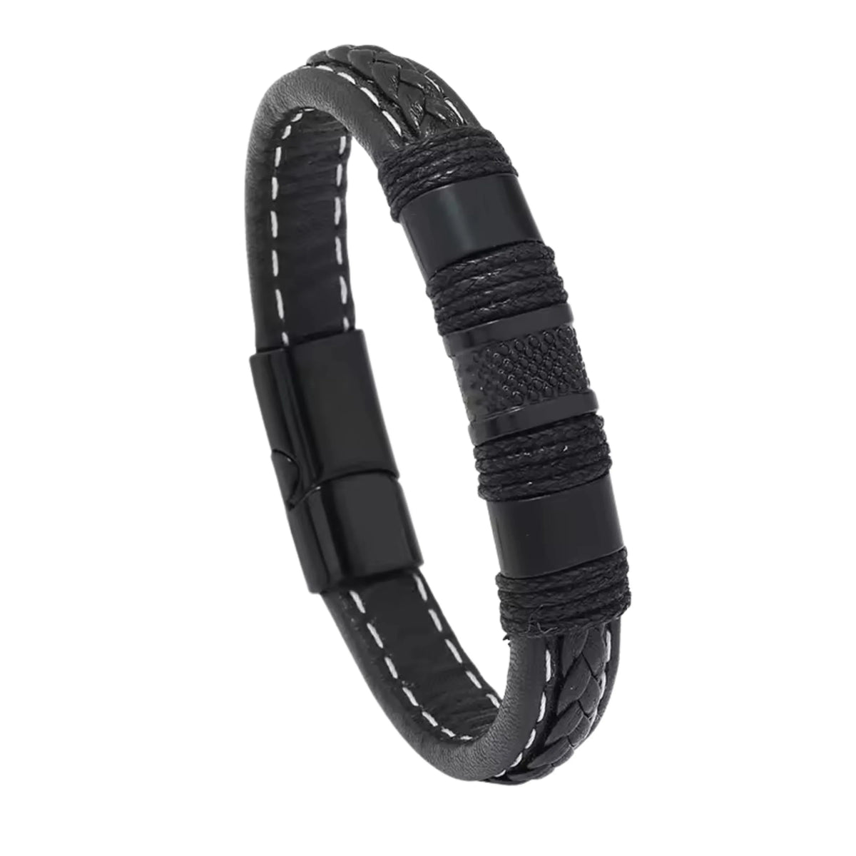 Pulsera Negra JOY-5 Hombre Cuero y Acero | JOY-5