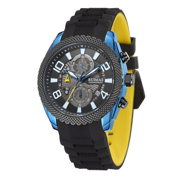 RELOJ RUIMAS ACERO NEGRO CON AZUL Y CORREA SILICONA RUI-42