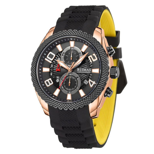 RELOJ RUIMAS ACERO NEGRO CON ORO ROSA Y CORREA SILICONA RUI-43