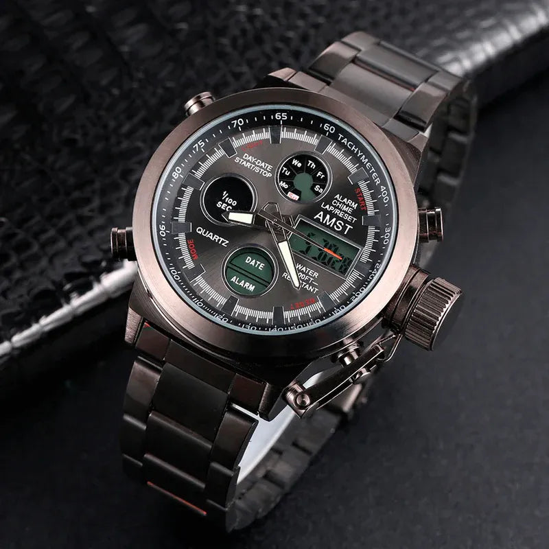 AMST-4 reloj analógico digital para hombre con esfera negra y estilo moderno.