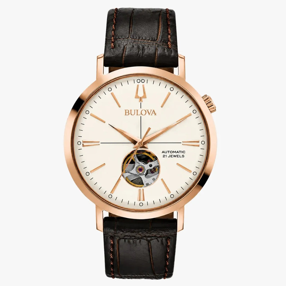 Reloj Bulova Aerojet 97A136 hombre vista frontal esfera blanca Open Heart.