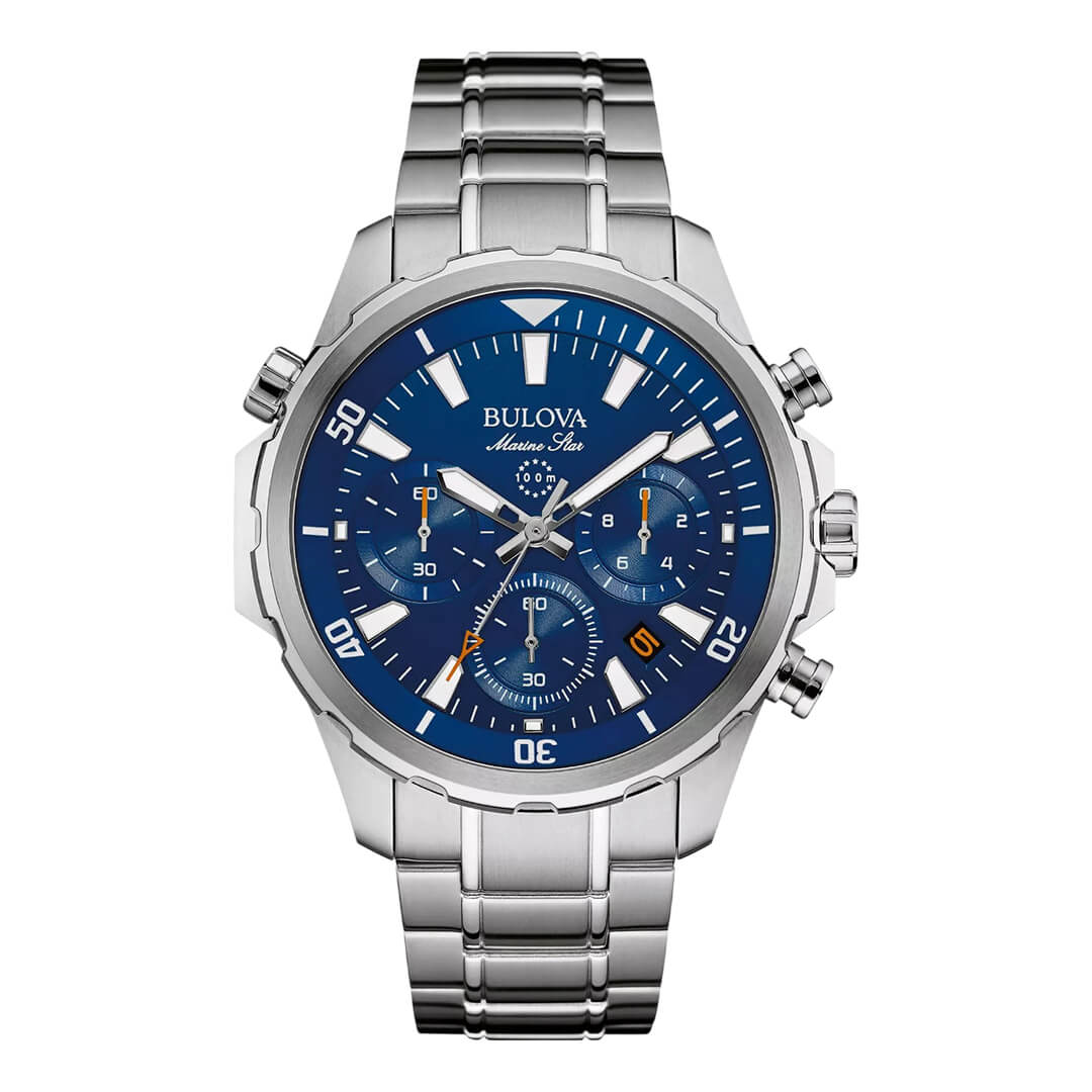 Reloj Bulova Marine Star 96B256 plateado con esfera azul para hombre