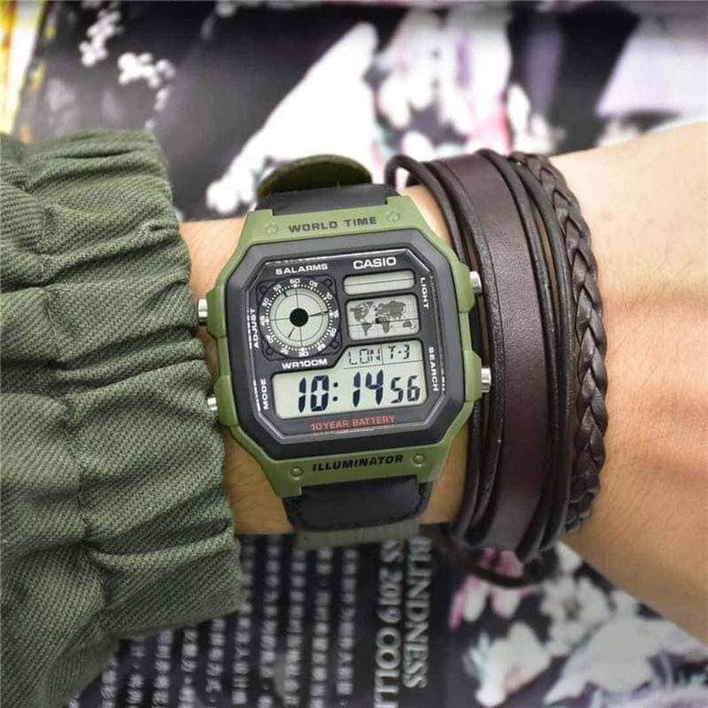 Casio AE-1200WHB-3B reloj digital masculino con hora mundial y estilo militar.