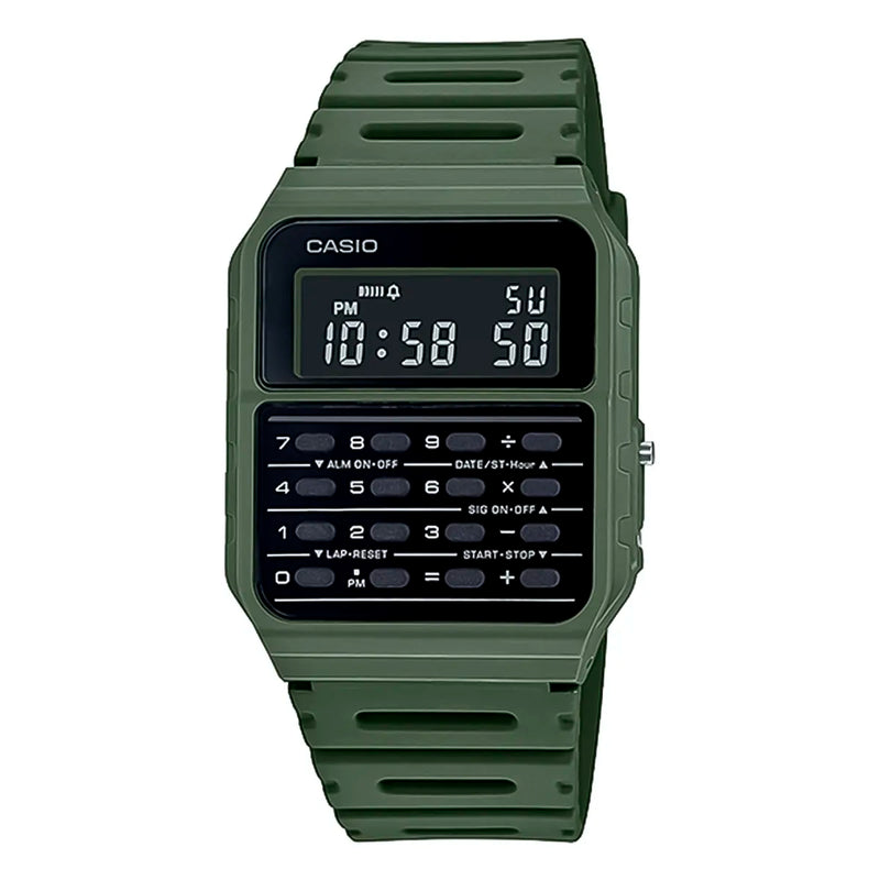 Reloj Casio CA-53WF-3BDF hombre con calculadora integrada y correa de resina verde.