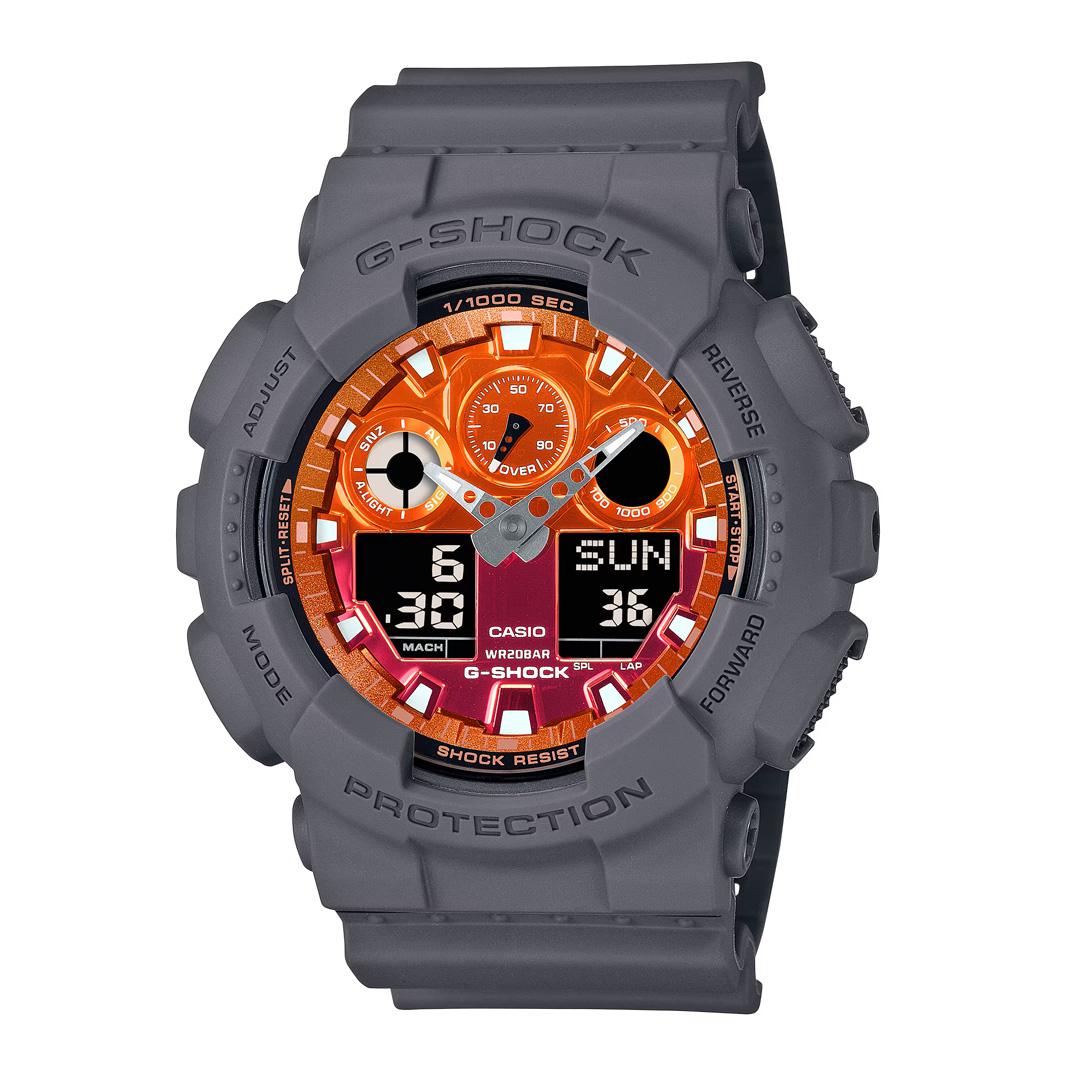 Reloj Casio G-Shock GA-100FL-8A vista frontal esfera naranja