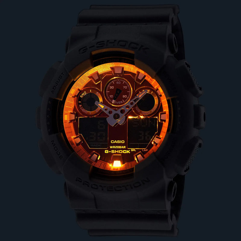 Reloj Casio G-Shock GA-100FL-8A puesto en muñeca hombre
