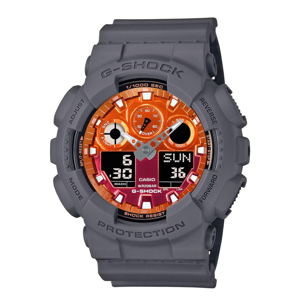 Reloj Casio G-Shock GA-100FL-8A vista frontal esfera naranja