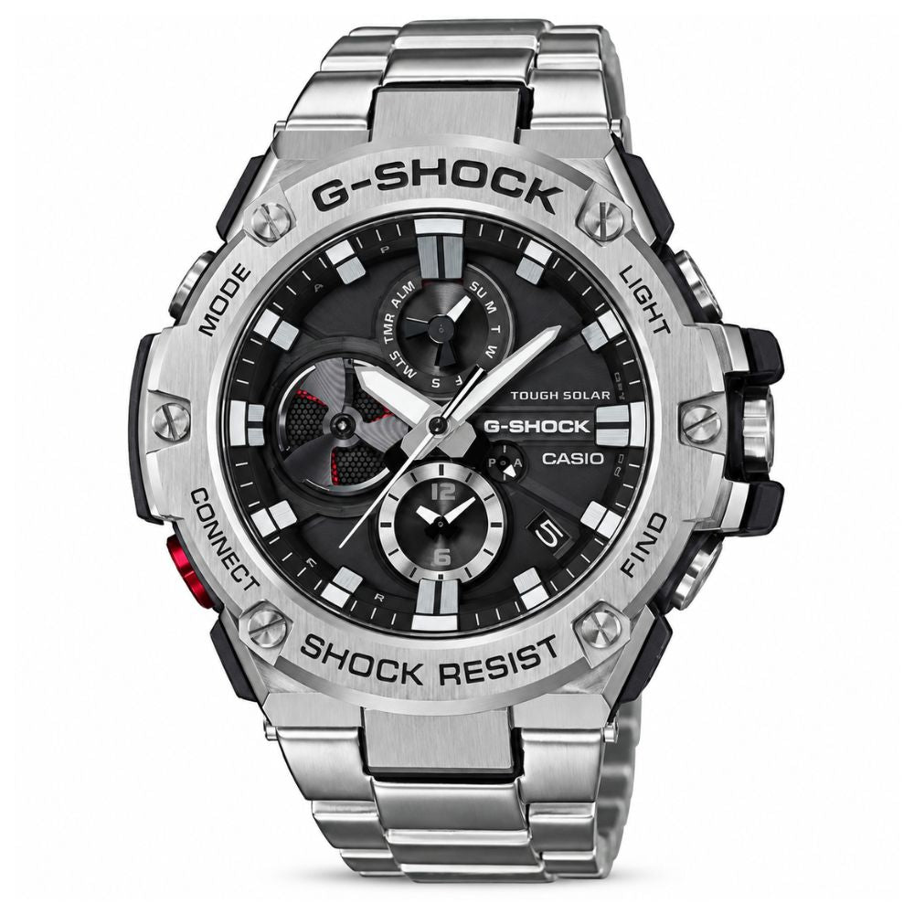 Reloj Casio G-SHOCK GST-B100D-1A con esfera negra, caja metálica plateada y brazalete de acero inoxidable, vista frontal.