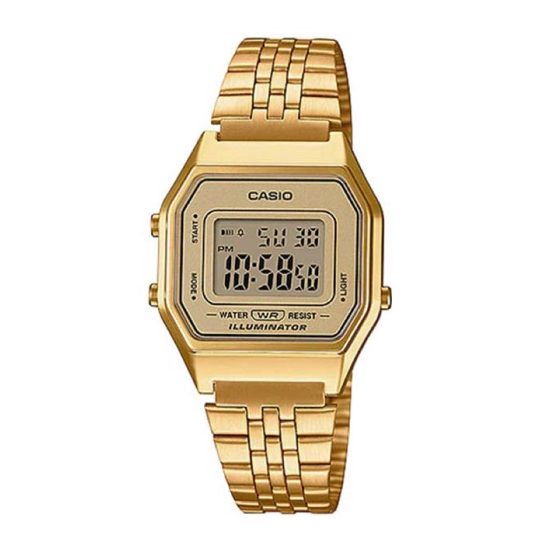 Reloj Casio LA680WGA-9DF digital dorado con brazalete de acero inoxidable para mujer.