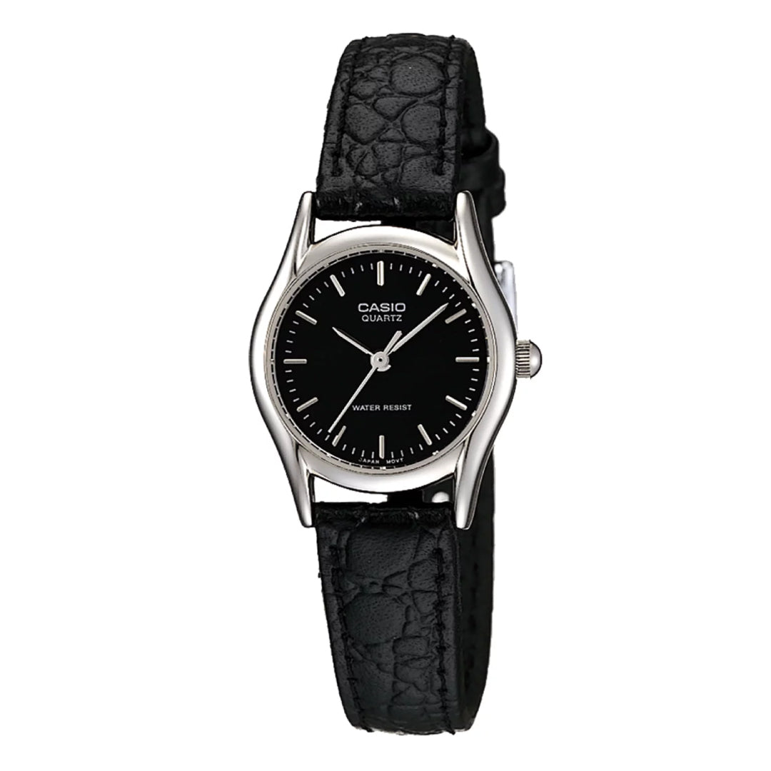 Reloj Casio LTP-1094E-1 con esfera negra y correa de cuero negro para mujer.