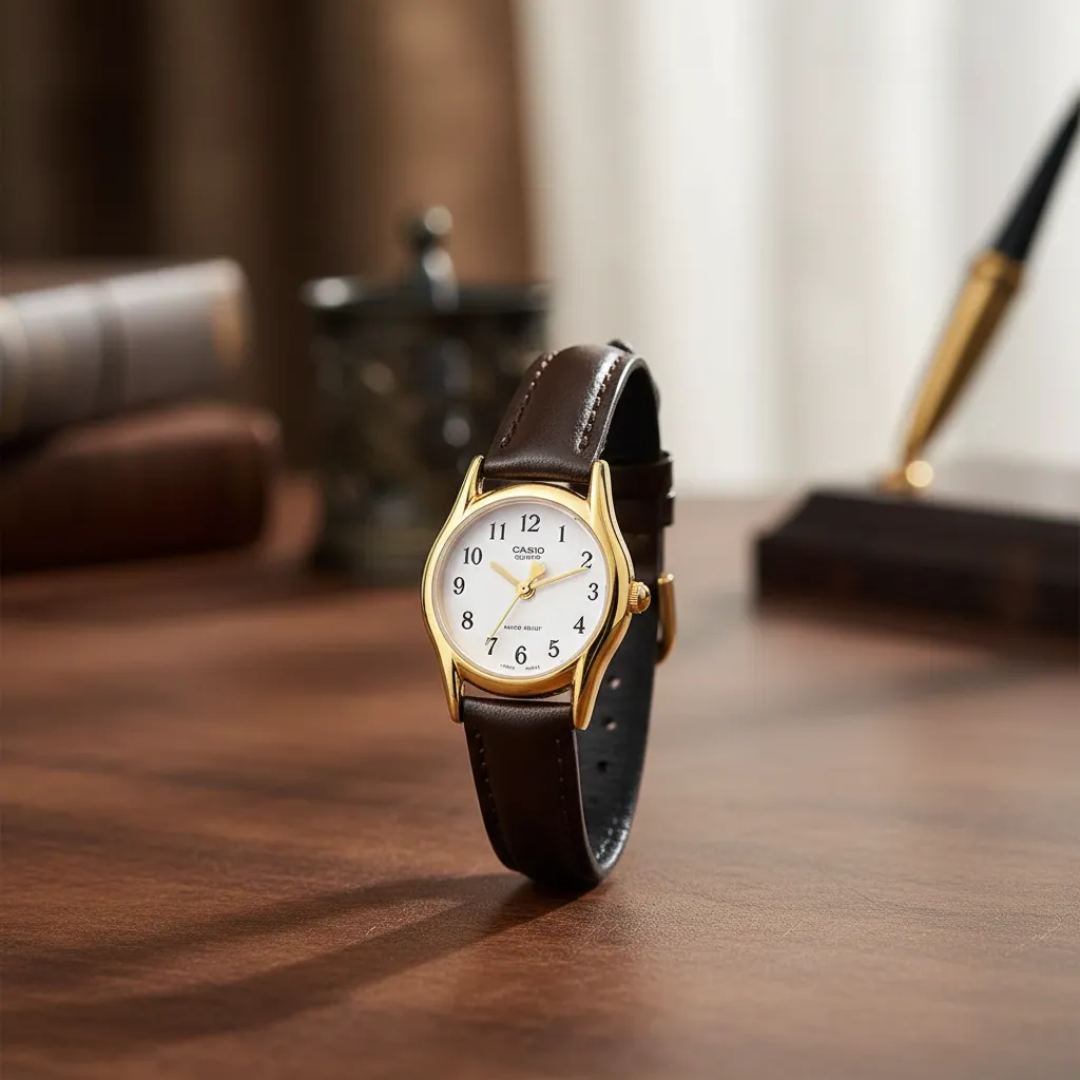 Detalle de la esfera blanca y caja dorada del Reloj Casio LTP-1094Q-7B5R