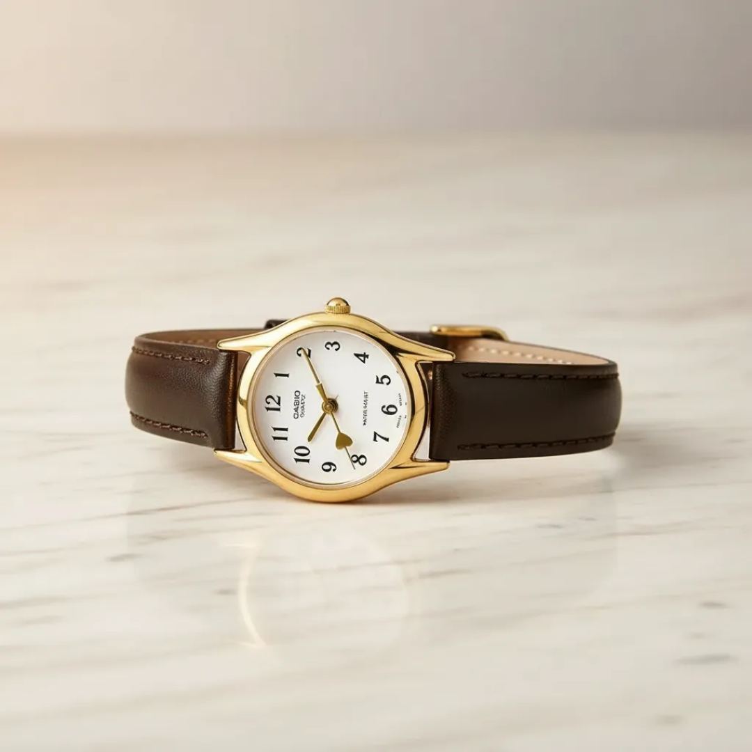 Vista lateral del Reloj Casio LTP-1094Q-7B5R con correa de cuero marrón