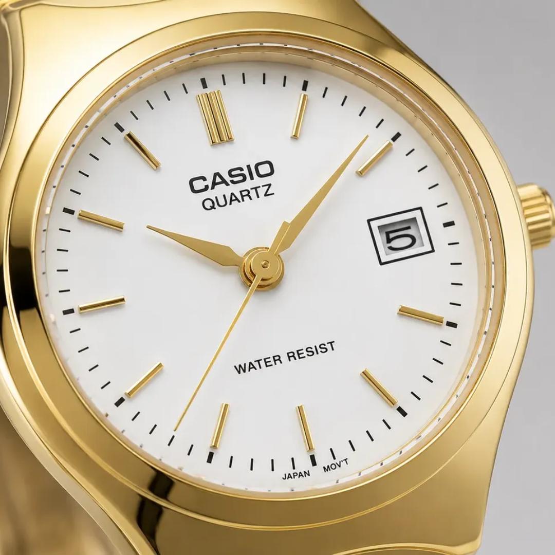 Detalle de la esfera champán y función de fecha del Reloj Casio LTP-1170N-7A