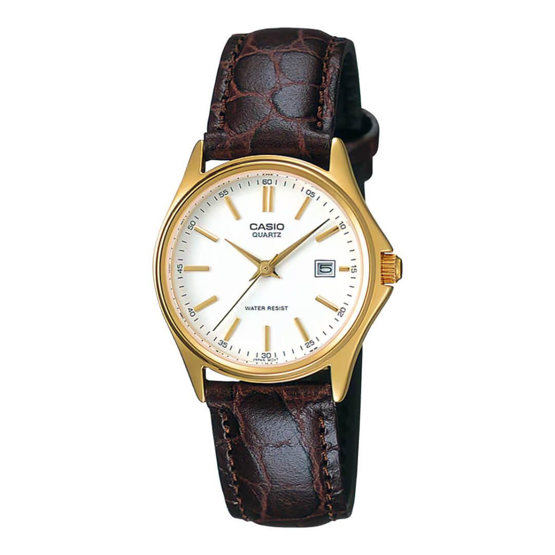 Reloj Casio LTP-1183Q-7A dorado con correa de cuero marrón para mujer