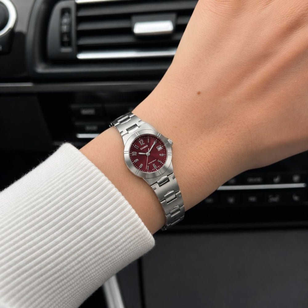 Reloj Casio LTP-1241D-4A2 Mujer Acero Plateado Rojo | CAS-M-208