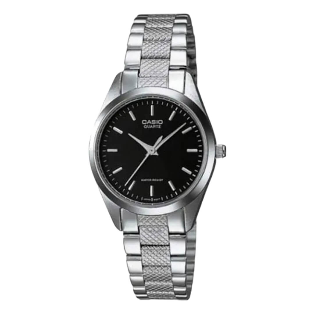 Reloj Casio LTP-1274D-1A plateado con esfera negra para mujer