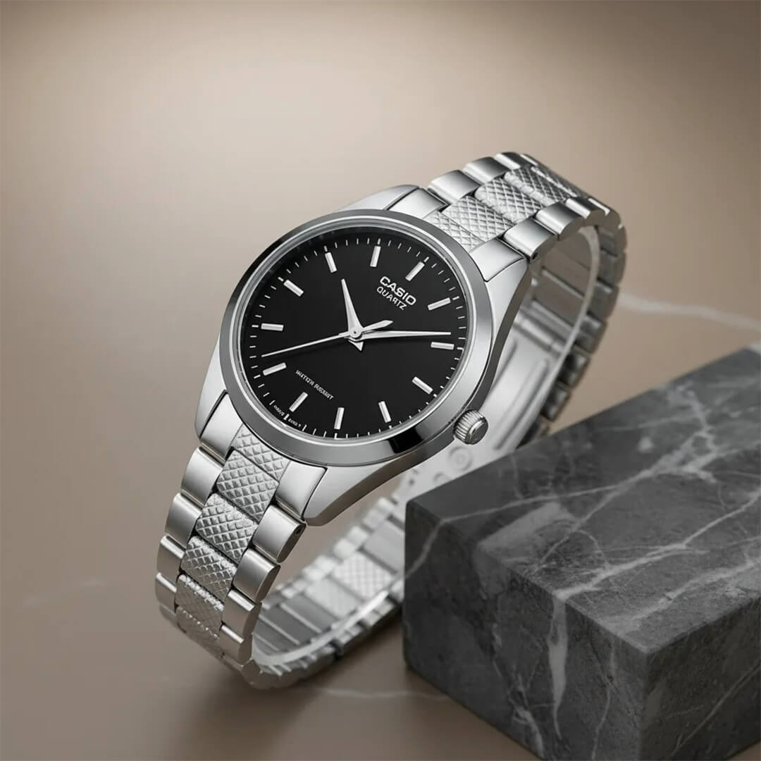 Vista lateral del Reloj Casio LTP-1274D-1A con brazalete de acero plateado