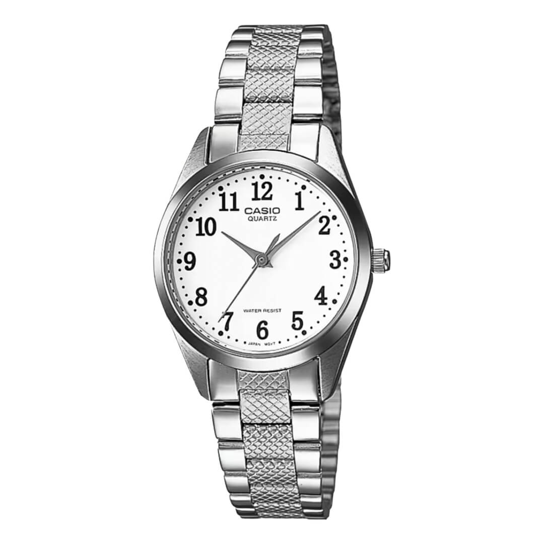 Reloj Casio LTP-1274D-7B plateado con esfera blanca para mujer