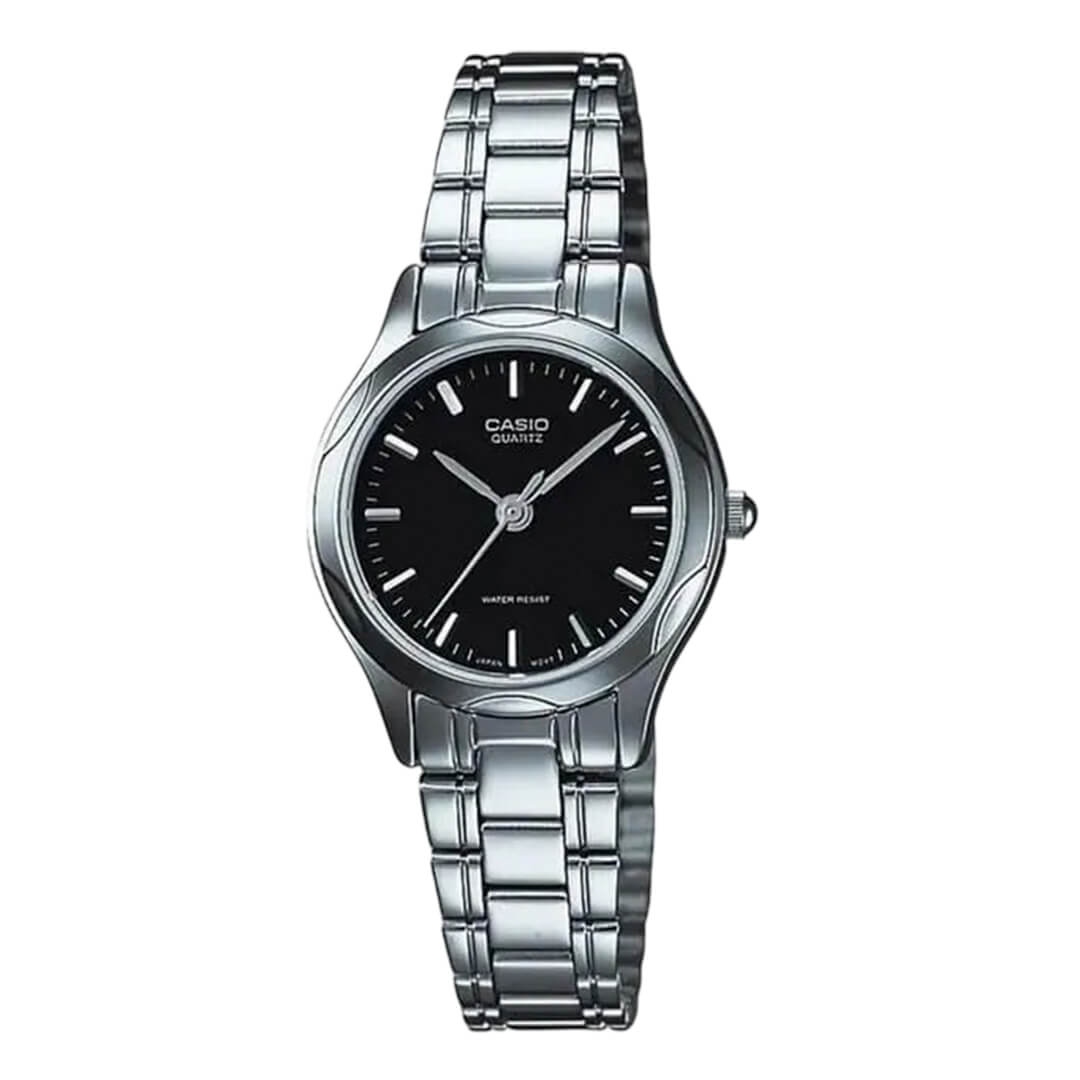Reloj Casio LTP-1275D-1A plateado con esfera negra para mujer