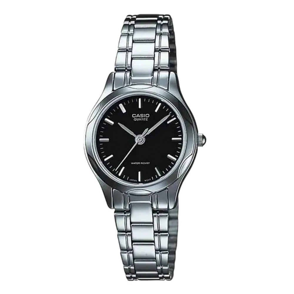Reloj Casio LTP-1275D-1A plateado con esfera negra para mujer