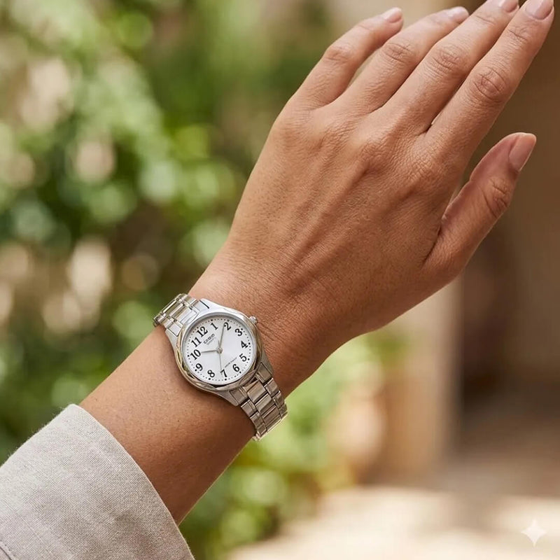 Reloj Casio LTP-1275D-7B puesto en la muñeca, estilo clásico femenino