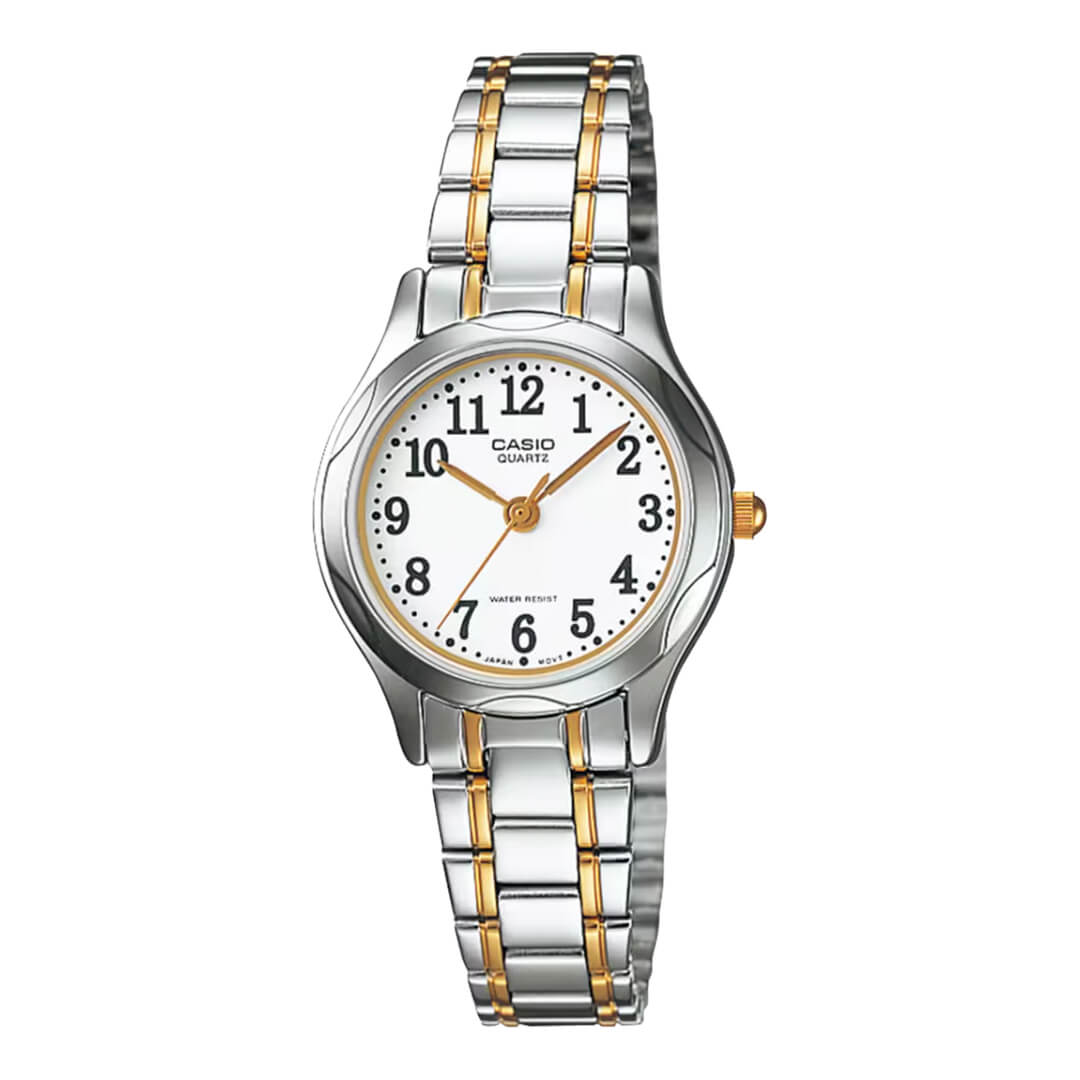 Reloj Casio LTP-1275SG-7B con esfera blanca y caja bicolor plateado y dorado, vista frontal
