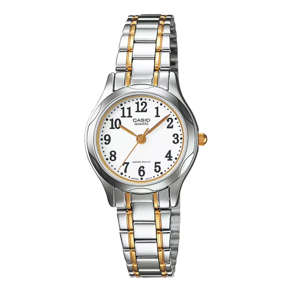 Reloj Casio LTP-1275SG-7B con esfera blanca y caja bicolor plateado y dorado, vista frontal