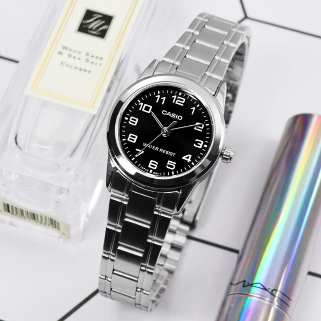 Reloj Casio LTP-V001-D 1B Mujer Acero Plateado Negro | CAS-M-24