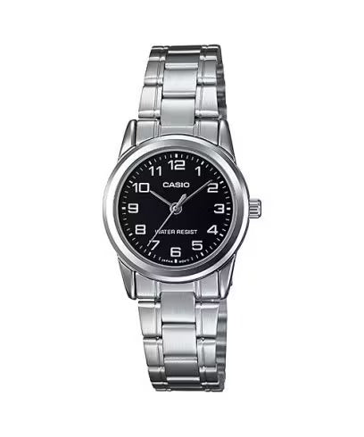 Reloj Casio LTP-V001D-1B plateado con esfera negra para mujer