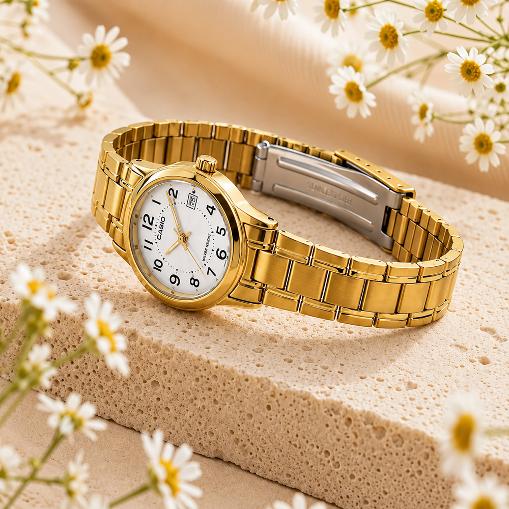 El Casio LTP-V002G-7BU es un reloj de vestir femenino de líneas clásicas y atemporales.