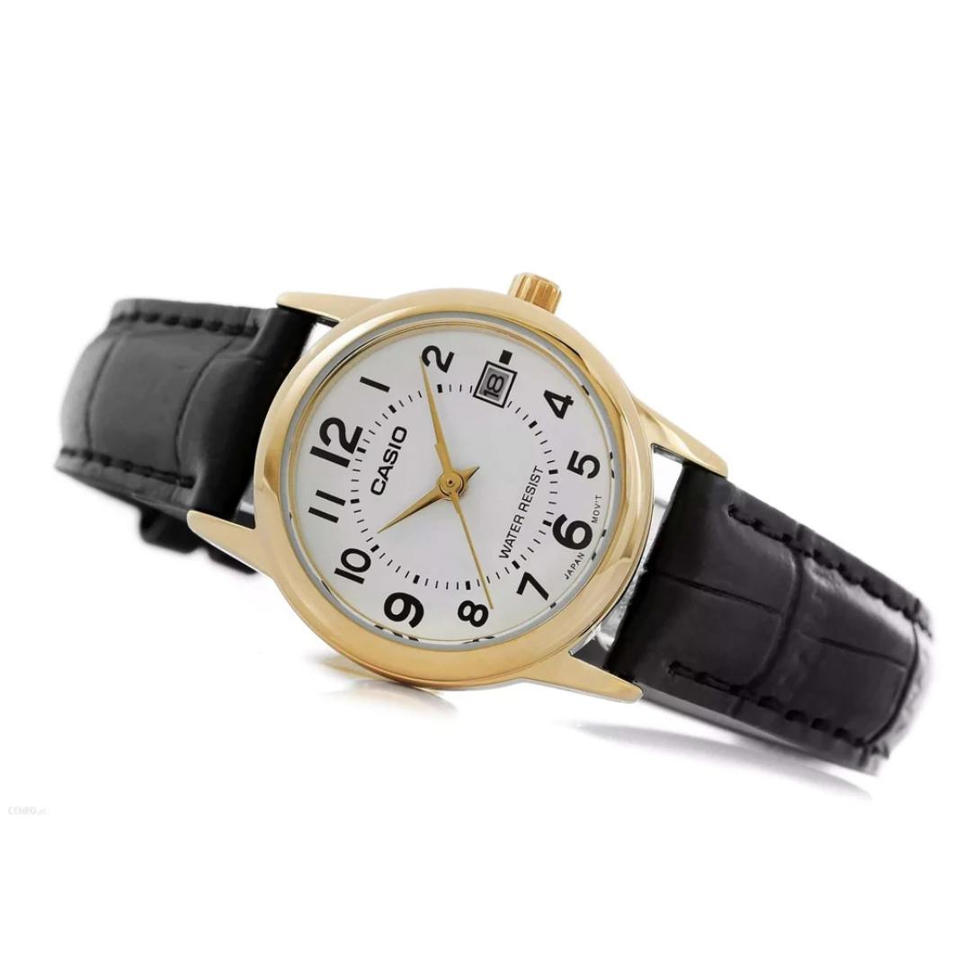 Reloj Casio LTP-V002GL-7BUD en ángulo lateral, mostrando el grosor de la caja