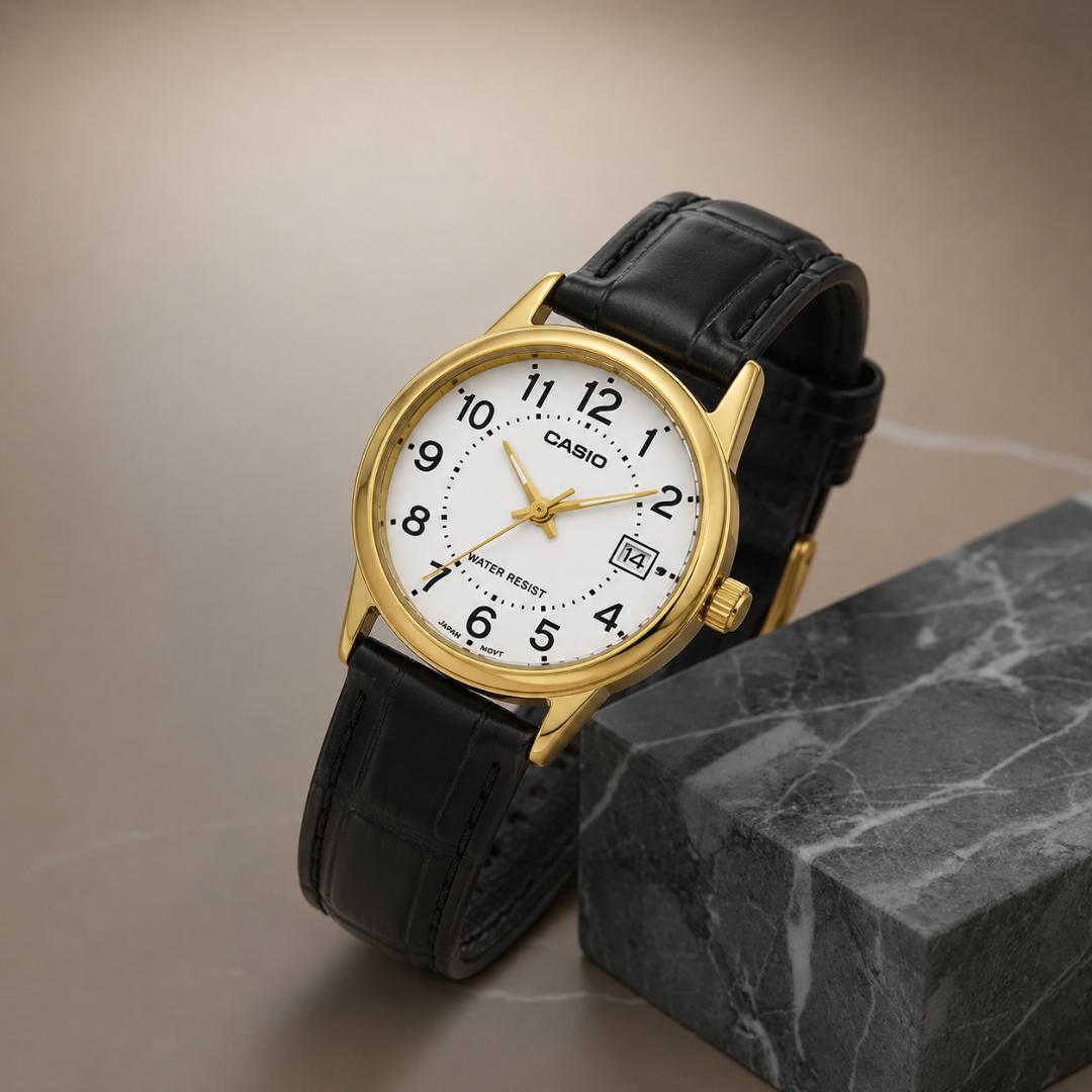 Detalle de la esfera blanca y función de fecha del Reloj Casio LTP-V002GL-7BUD