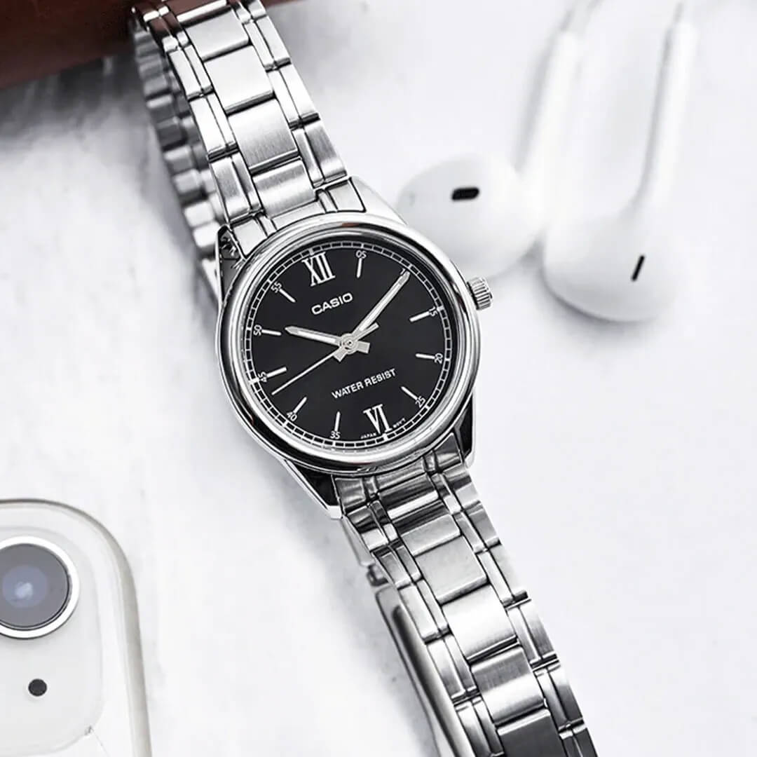 Reloj Casio LTP-V005D-1B2U Mujer Acero Plateado Negro | CAS-M-106