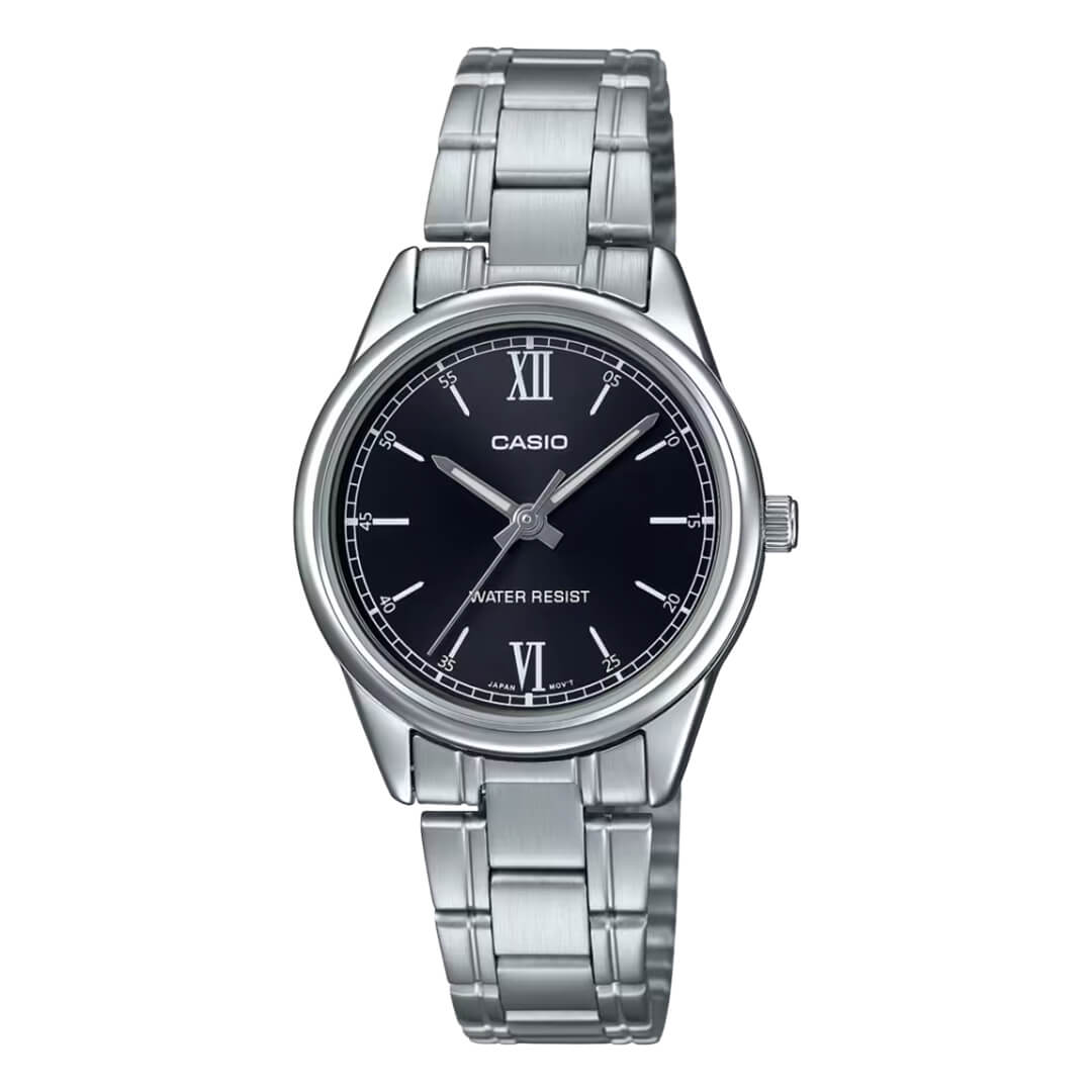Reloj Casio LTP-V005D-1B2U plateado con esfera negra para mujer