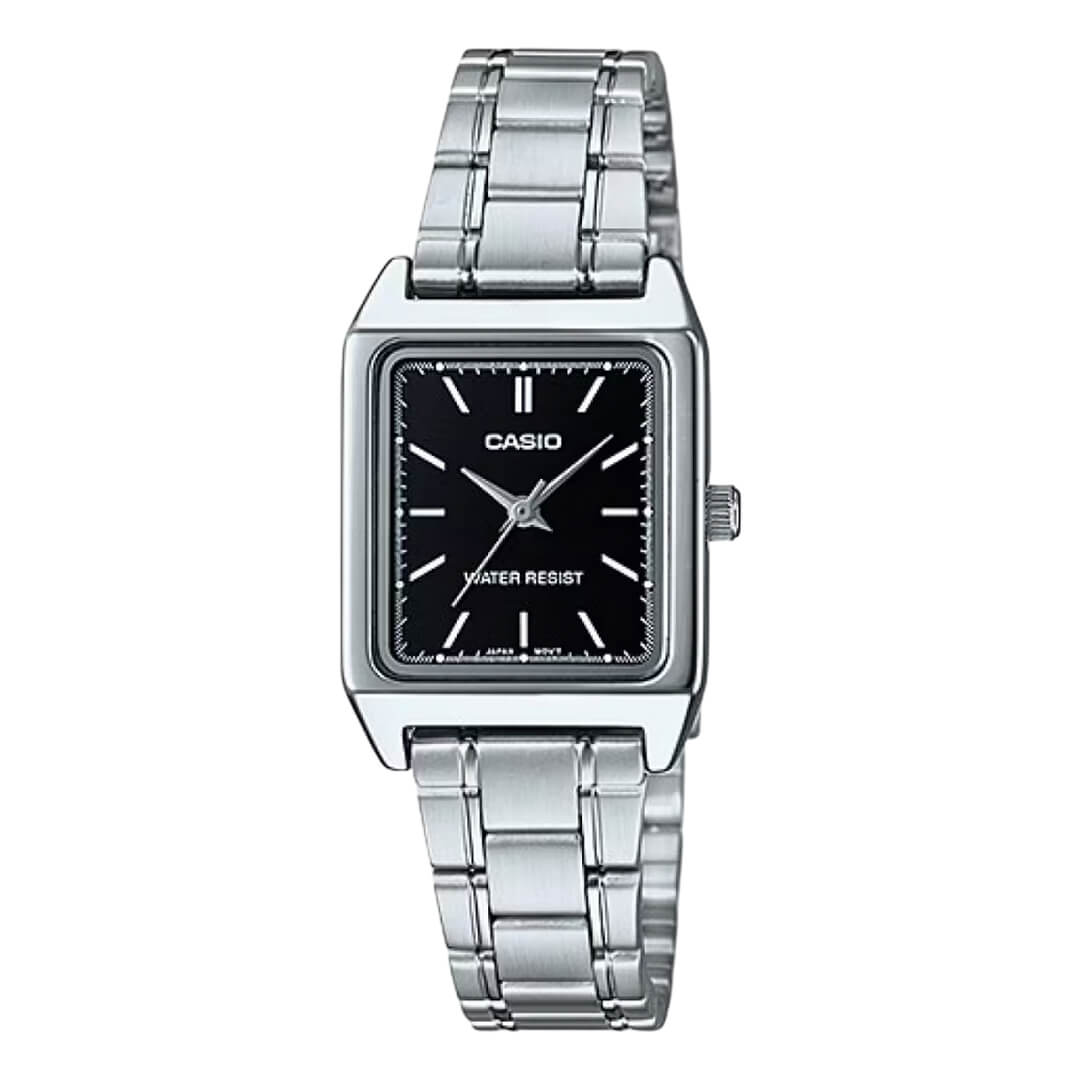 Reloj Casio LTP-V007D-1E plateado con esfera negra para mujer