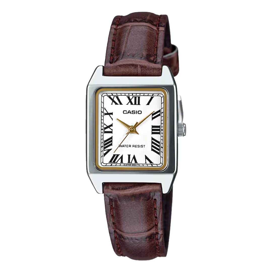 Reloj Casio LTP-V007L-7B2 mujer con correa de cuero marrón y diseño rectangular.