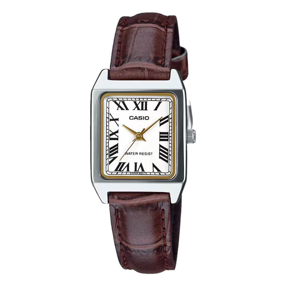 Reloj Casio LTP-V007L-7B2 mujer con correa de cuero marrón y diseño rectangular.