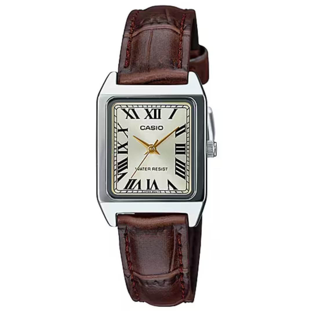 Reloj Casio LTP-V007L-9B para mujer con correa de cuero marrón y diseño clásico elegante.
