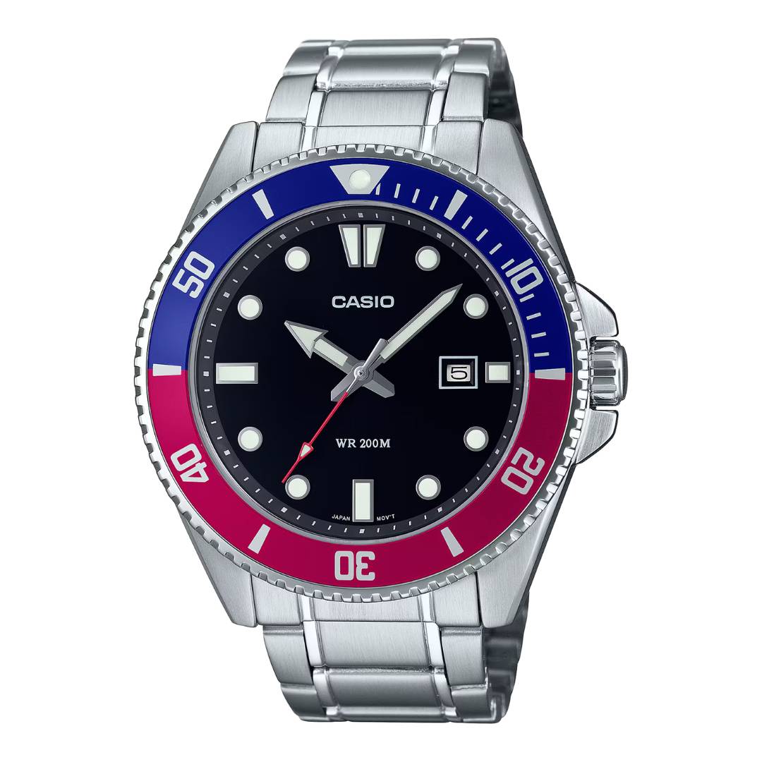 Reloj Casio MDV-107D-1A3 plateado con esfera negra y bisel Pepsi para hombre