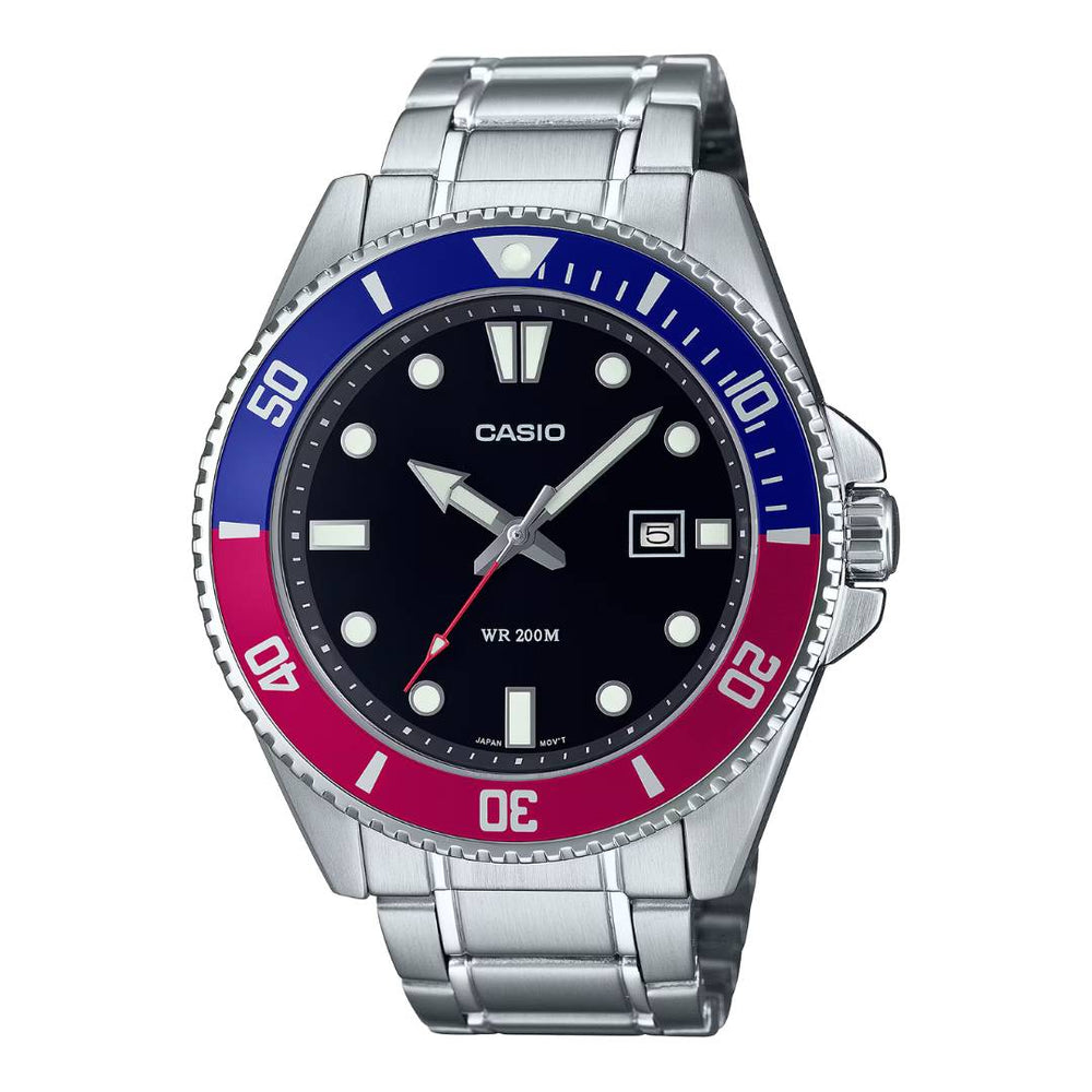 Reloj Casio MDV-107D-1A3 plateado con esfera negra y bisel Pepsi para hombre