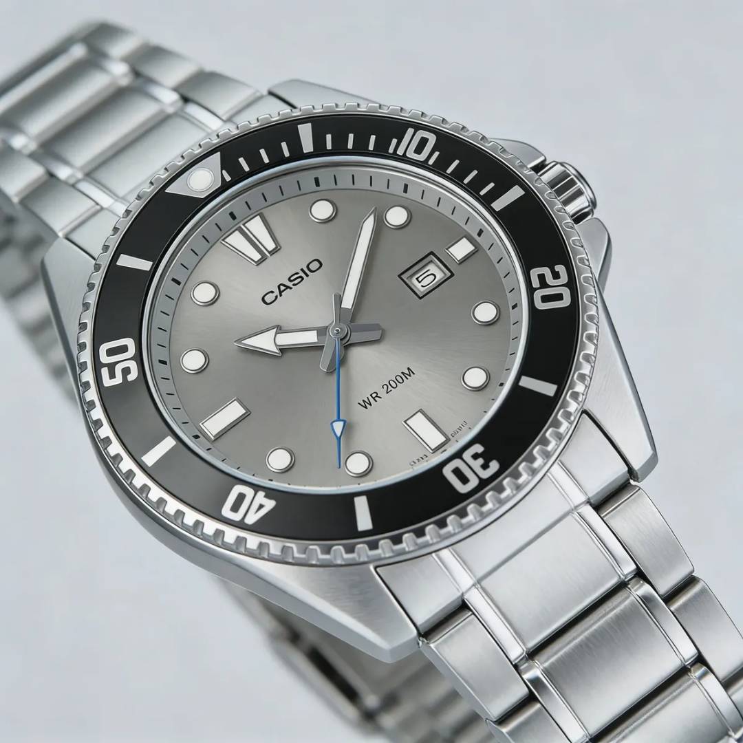 Detalle de la esfera gris y bisel unidireccional del Reloj Casio MDV-107D-8A