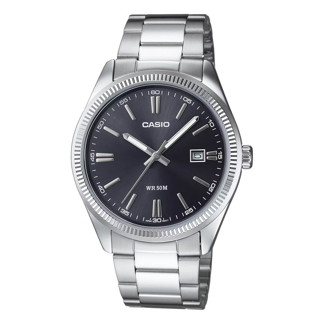 Reloj Casio MTP-1302D-1A1 para hombre en acero plateado con esfera negra.