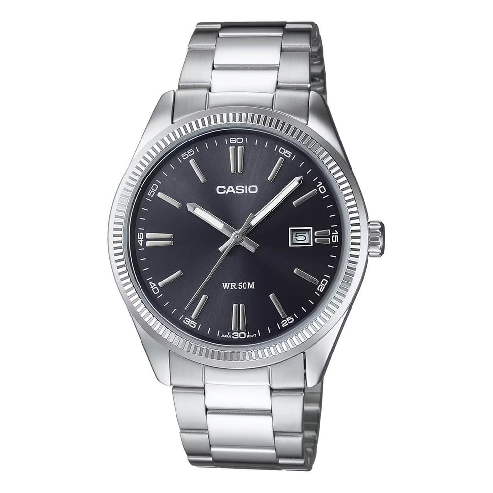Reloj Casio MTP-1302D-1A1 para hombre en acero plateado con esfera negra.