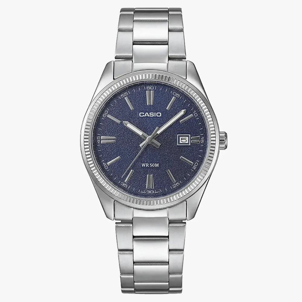 Reloj Casio MTP-1302DA-2A plateado con esfera azul mate para hombre
