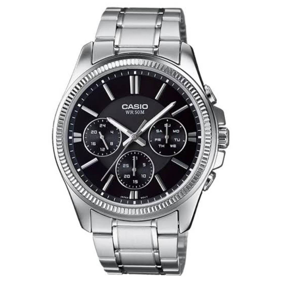 Reloj Casio MTP-1375D-1A plateado con esfera negra para hombre