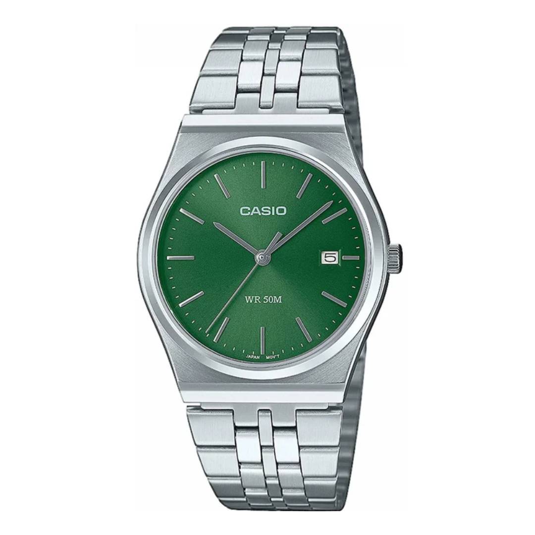 Reloj Casio MTP-B145D-3A plateado con esfera verde para hombre