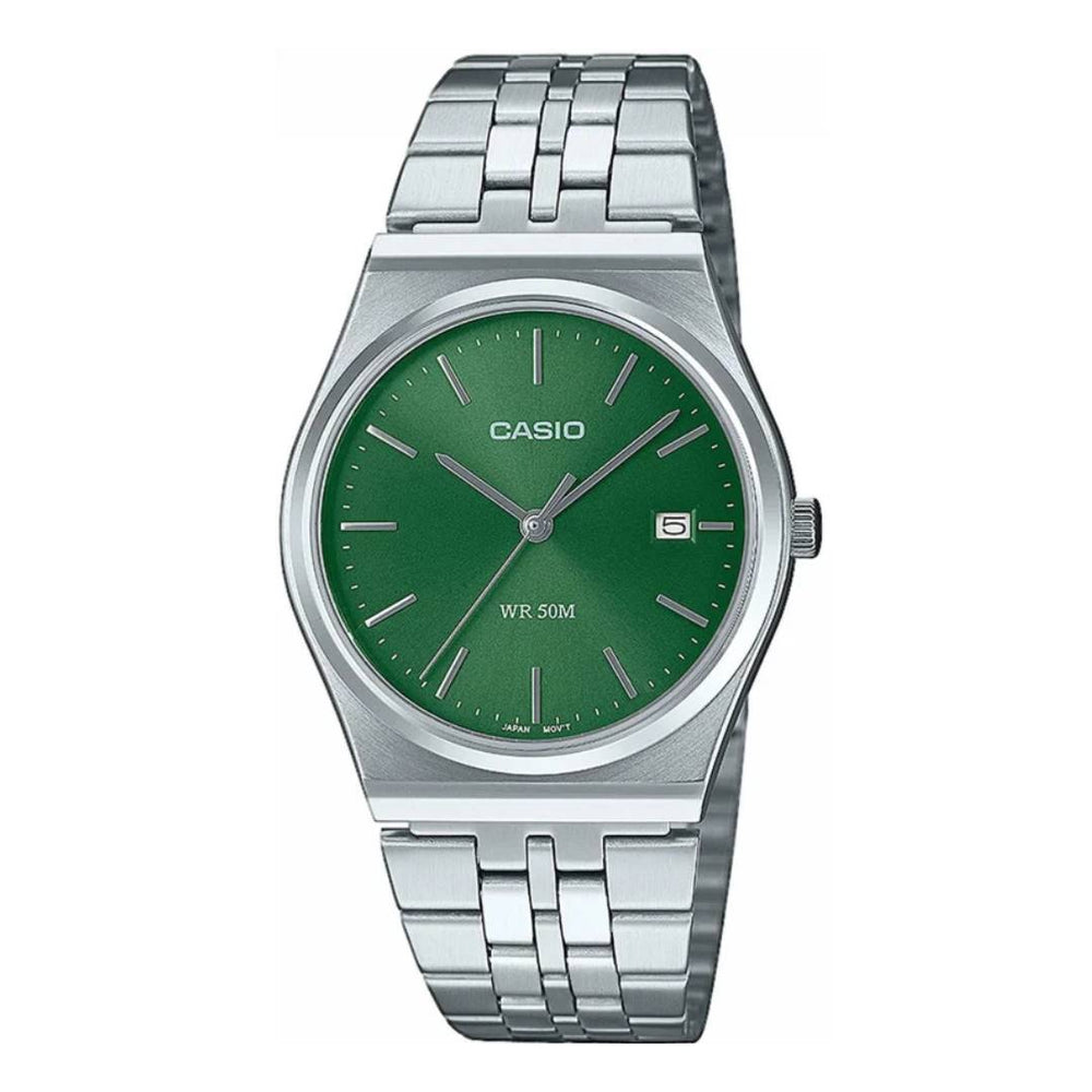 Reloj Casio MTP-B145D-3A plateado con esfera verde para hombre