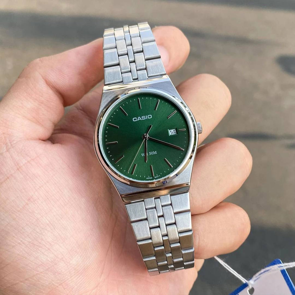 Casio MTP-B145D-3A, reloj vintage plateado con esfera verde