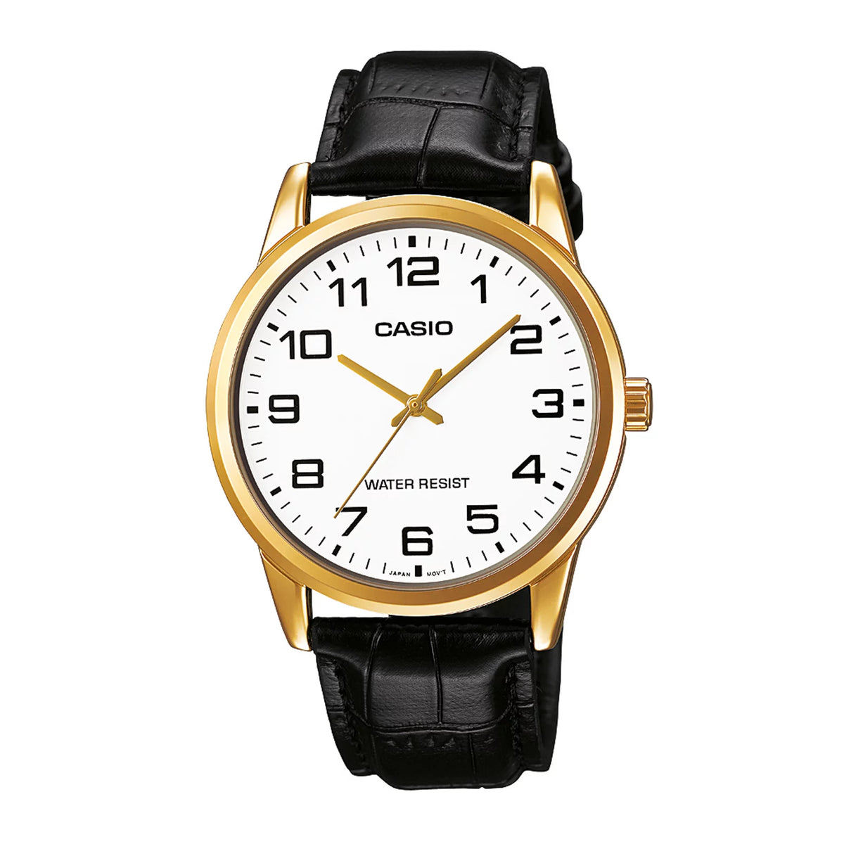 Reloj Casio MTP-V001GL-7B para hombre con correa de cuero negro y caja dorada.